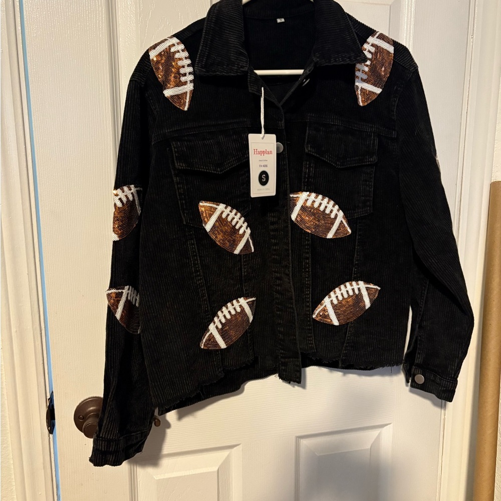 Happlan black corderoy sequin Football Womens Jacket, small